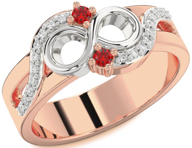 Diamond Ruby Rose Gold Silver Infinity Round Two Stone Birthstone Ring