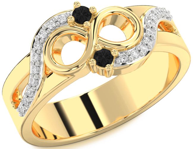Black Diamond Gold Silver Infinity Round Two Stone Ring