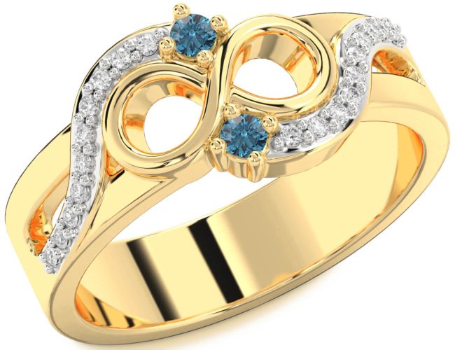 Blue Diamond Gold Silver Infinity Round Two Stone Ring