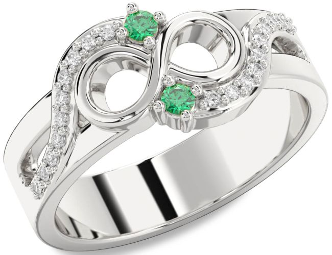 Diamond Emerald Silver Infinity Round Two Stone Birthstone Ring