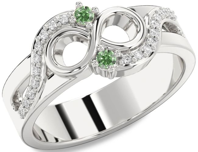Green Diamond Silver Infinity Round Two Stone Ring