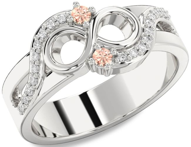 Diamond Morganite Silver Infinity Round Two Stone Ring