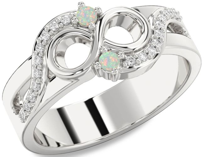 Diamond Opal Silver Infinity Round Two Stone Birthstone Ring