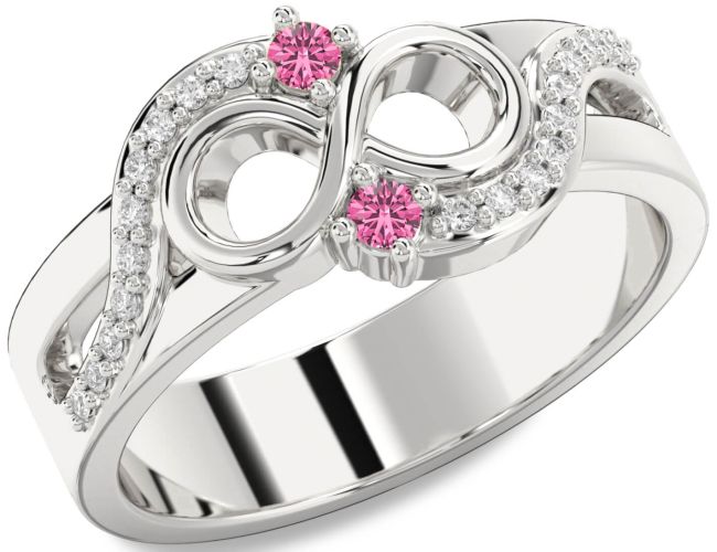 Diamond Pink Sapphire Silver Infinity Round Two Stone Ring