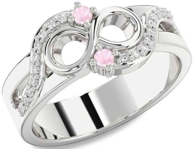 Diamond Rose Quartz Silver Infinity Round Two Stone Ring