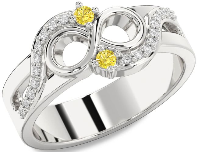 Yellow Diamond Silver Infinity Round Two Stone Ring