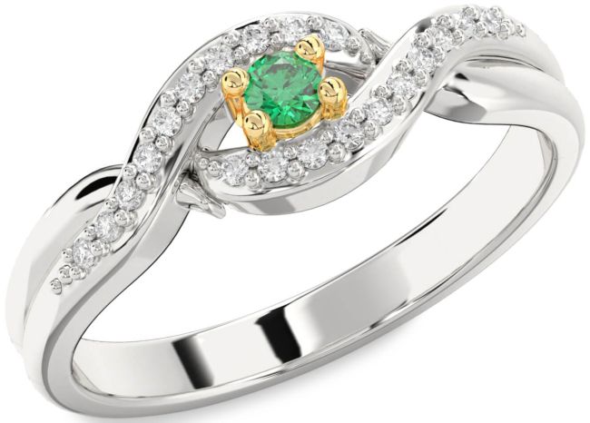 Diamond Emerald Platinum & Yellow Gold Knot Round Pave Promise Ring