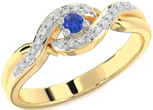 Diamond Blue Sapphire White Yellow Gold Knot Round Pave Promise Ring