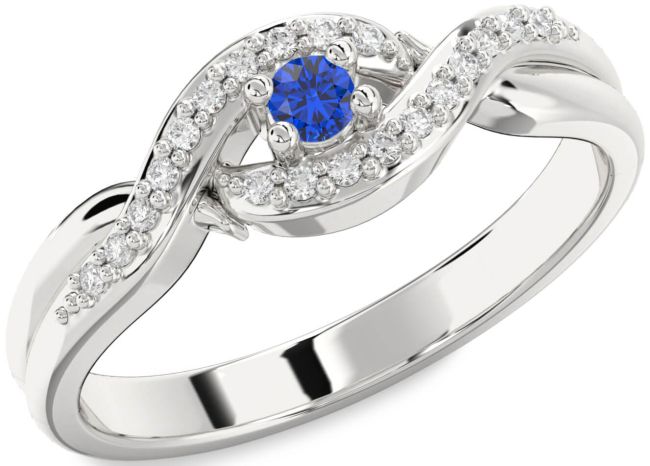 Diamond Blue Sapphire White Gold Knot Round Pave Promise Ring