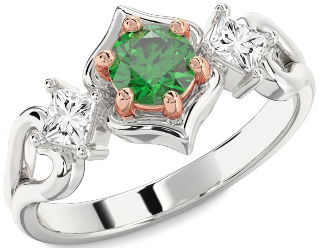 Diamond Emerald White Rose Gold Round Three Stone Engagement Ring