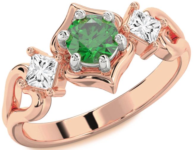 Diamond Emerald White Rose Gold Round Three Stone Engagement Ring