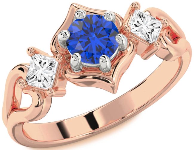 Diamond Blue Sapphire Rose Gold Silver Round Three Stone Engagement Ring