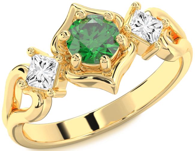 Diamond Emerald Gold Round Three Stone Engagement Ring