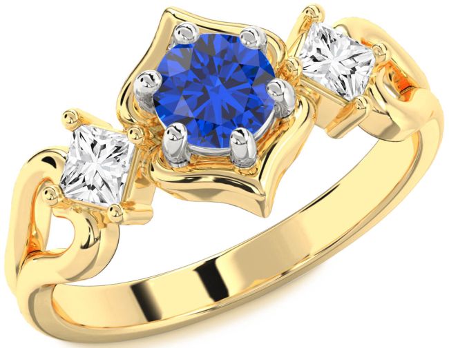 Diamond Blue Sapphire Platinum & Yellow Gold Round Three Stone Engagement Ring