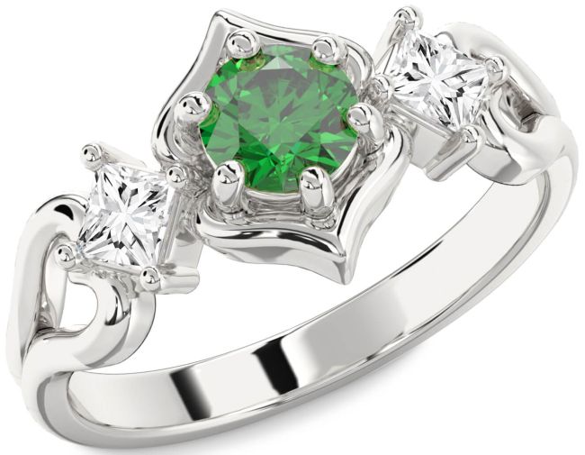 Diamond Emerald Silver Round Three Stone Engagement Ring