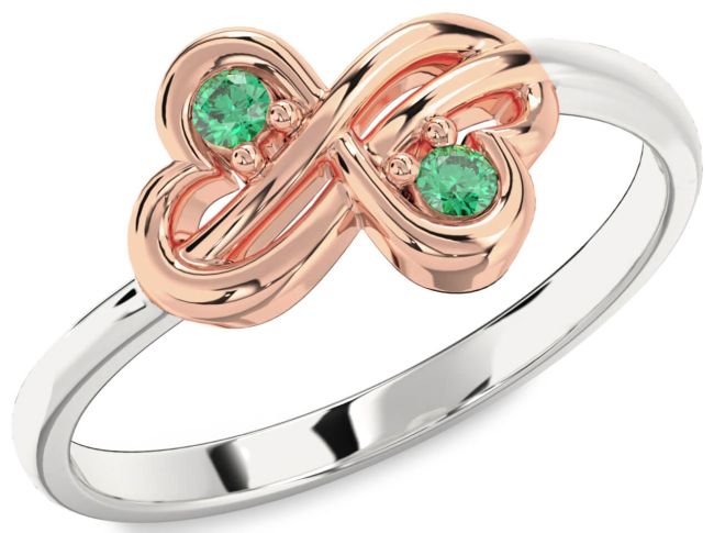 Emerald Platinum & Rose Gold Infinity Round Two Stone Birthstone Ring