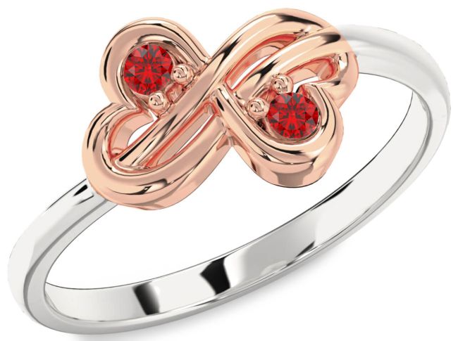 Ruby Rose Gold Silver Infinity Round Two Stone Birthstone Ring