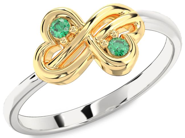 Emerald Gold Silver Infinity Round Two Stone Birthstone Ring
