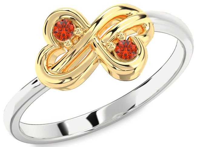 Fire Opal Gold Silver Infinity Round Two Stone Ring