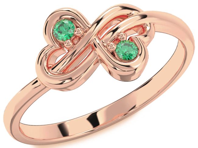 Emerald Rose Gold Infinity Round Two Stone Birthstone Ring
