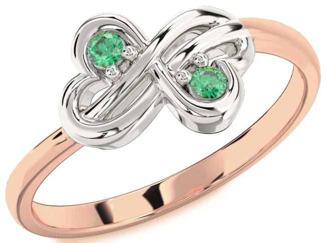Emerald Rose Gold Silver Infinity Round Two Stone Birthstone Ring