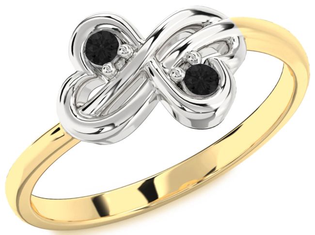 Black Diamond Gold Silver Infinity Round Two Stone Ring