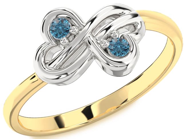 Blue Diamond Gold Silver Infinity Round Two Stone Ring