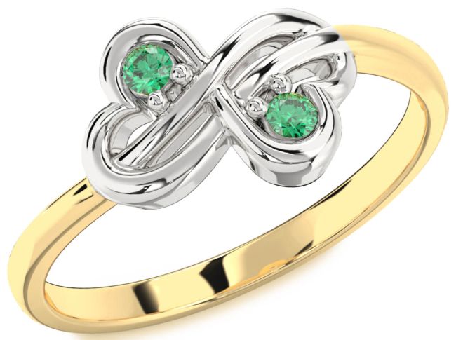 Emerald Gold Silver Infinity Round Two Stone Birthstone Ring