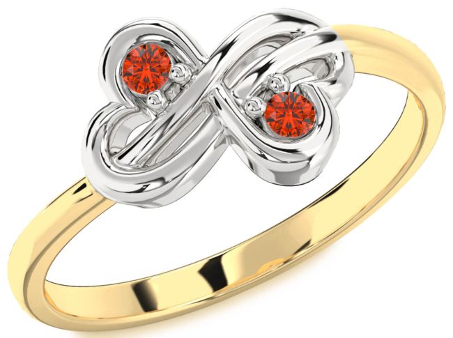Fire Opal Gold Silver Infinity Round Two Stone Ring