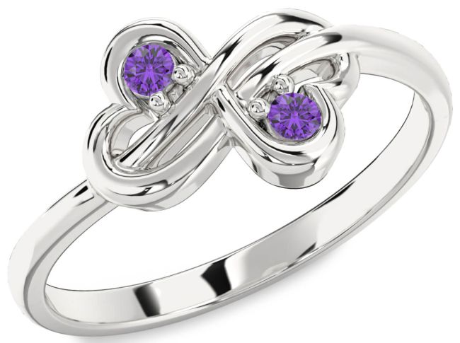 Amethyst Silver Infinity Round Two Stone Birthstone Ring
