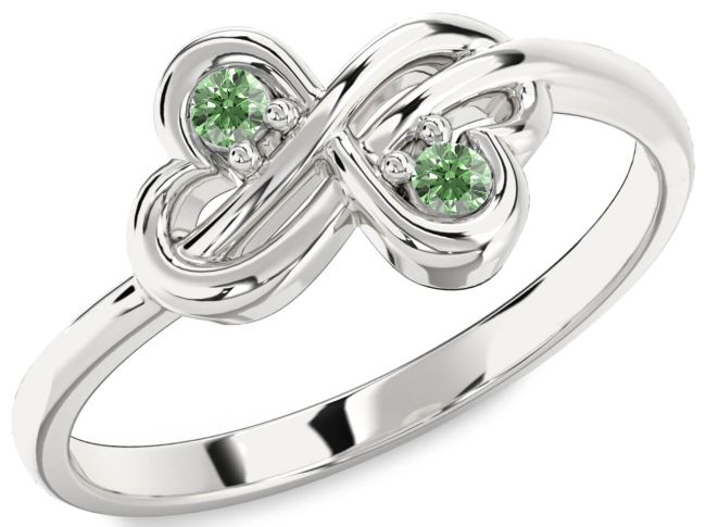 Green Diamond Silver Infinity Round Two Stone Ring