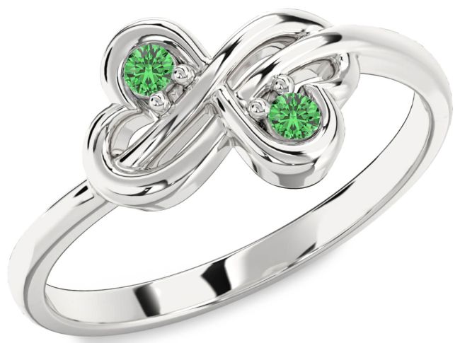 Green Sapphire Silver Infinity Round Two Stone Ring