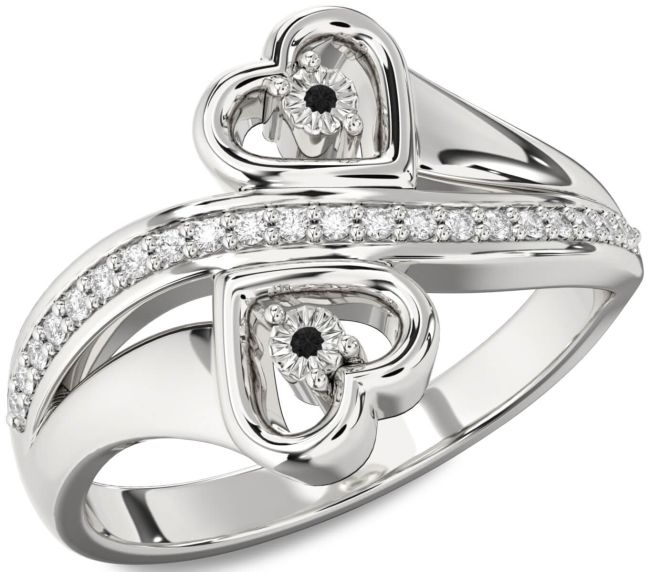Black Diamond Silver Heart Two Stone Ring