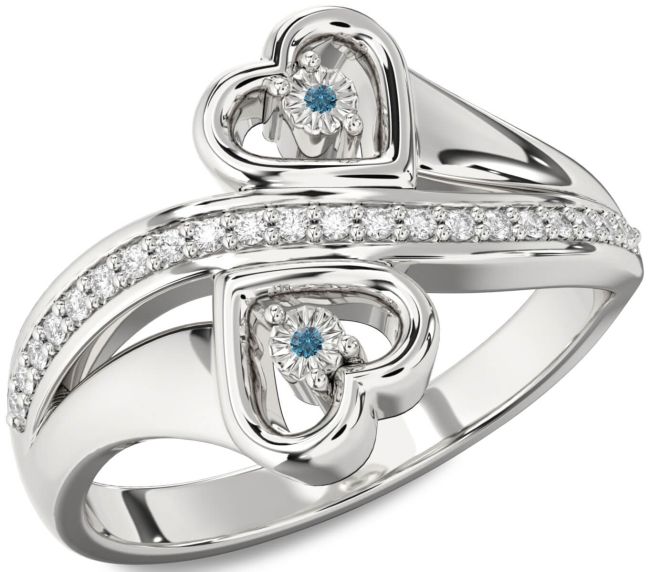 Blue Diamond Silver Heart Two Stone Ring