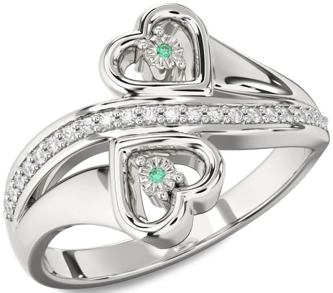 Diamond Emerald Silver Heart Two Stone Birthstone Ring