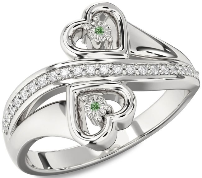 Green Diamond Silver Heart Two Stone Ring