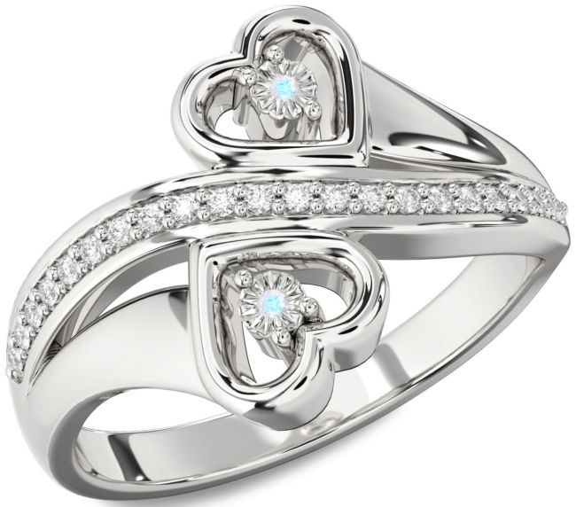 Diamond Moonstone Silver Heart Two Stone Ring