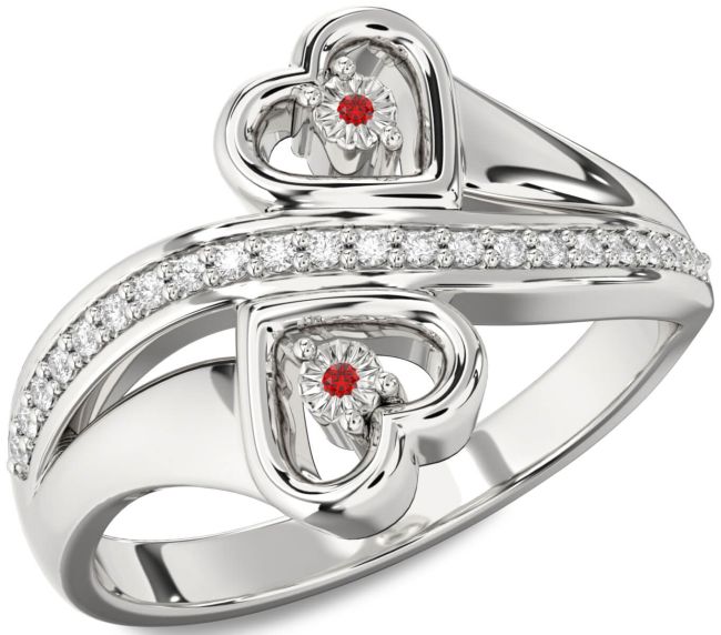 Diamond Ruby Silver Heart Two Stone Birthstone Ring