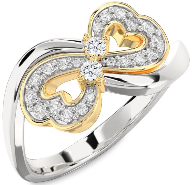 Diamond White Yellow Gold Infinity Heart Two Stone Ring