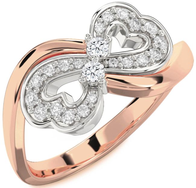Diamond Rose Gold Silver Infinity Heart Two Stone Ring