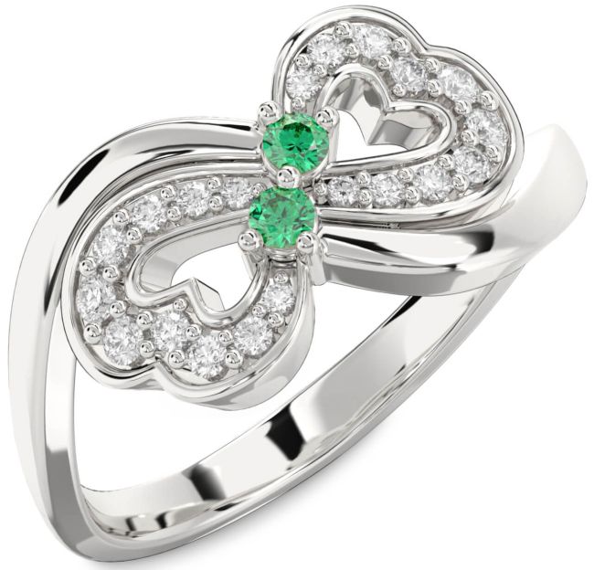 Diamond Emerald Silver Infinity Heart Two Stone Birthstone Ring