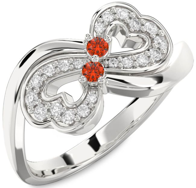 Diamond Fire Opal Silver Infinity Heart Two Stone Ring