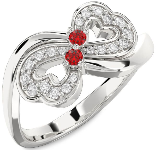 Diamond Ruby Silver Infinity Heart Two Stone Birthstone Ring