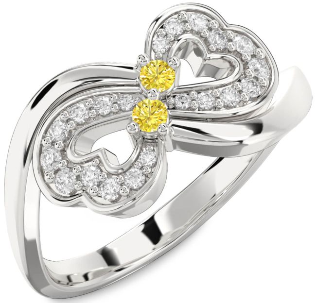 Yellow Diamond Silver Infinity Heart Two Stone Ring