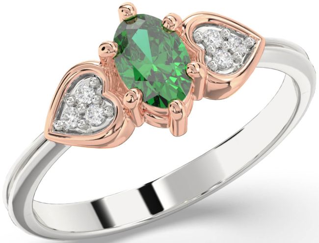 Diamond Emerald Platinum & Rose Gold Heart Engagement Ring