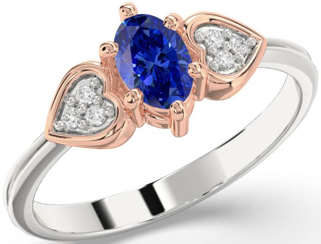 Diamond Blue Sapphire Silver & 10K Rose Gold Heart Engagement Ring