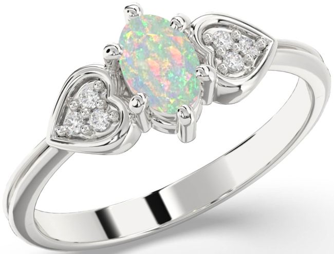 Diamond Opal Silver Heart Engagement Ring