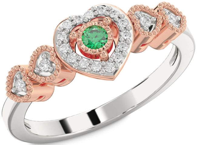 Diamond Emerald Platinum & Rose Gold Heart Promise Ring
