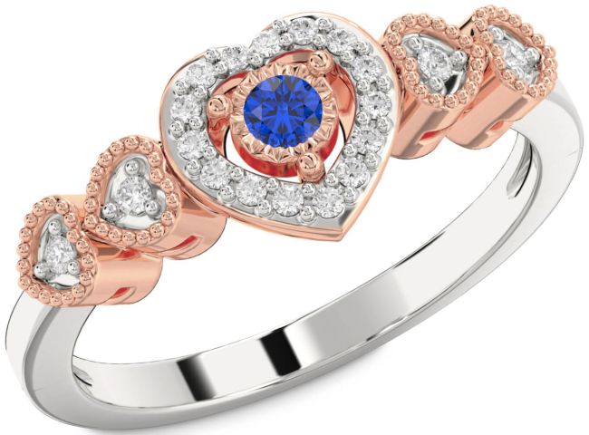 Diamond Blue Sapphire Silver & 10K Rose Gold Heart Promise Ring