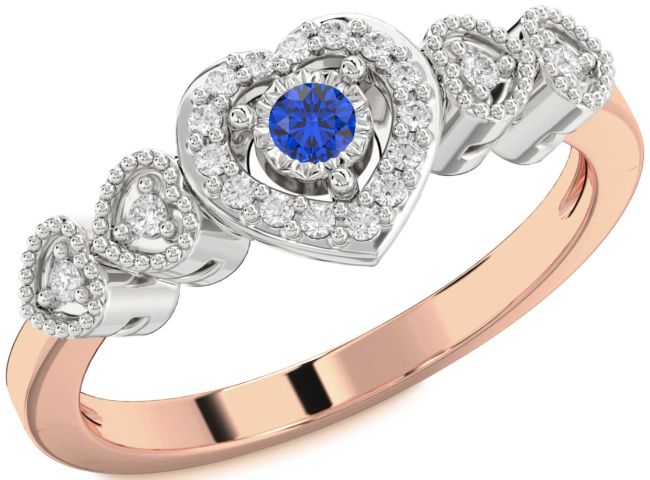 Diamond Blue Sapphire Rose Gold Silver Heart Promise Ring